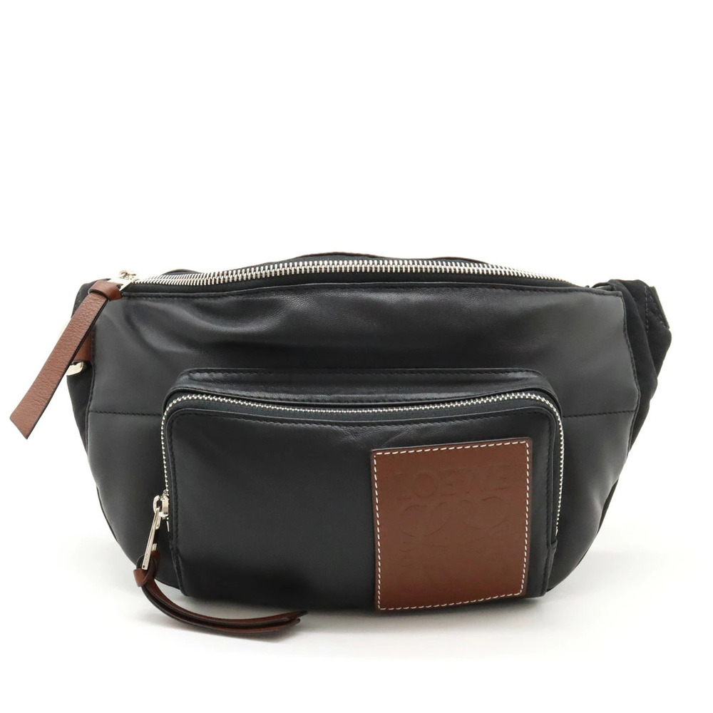 Loewe Puffy Bum Bag Waist Pouch Clutch Body Leather Canvas Black Brown